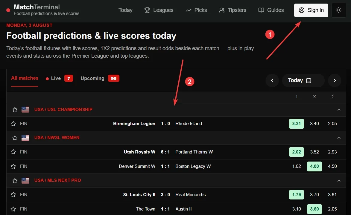 Match Terminal home page with the Sign in button in the top right marked 1, and the day's fixture list marked 2.